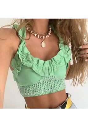 House of Sunny Ruffled Linen Crop Top